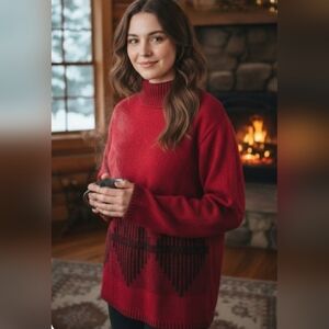 Vintage Variations Red Mock Neck Sweater, Button Detail,size M